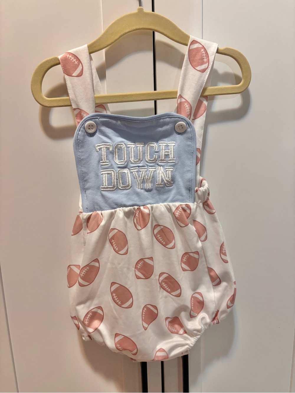 Baby Romper Sunsuit with Pink Football Print and Blue Chest Panel - "Touch Down"